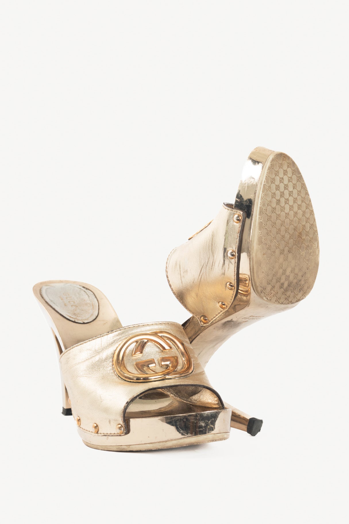 Gucci Metallic Gold Leather GG Mule Sandals