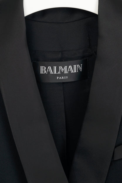 Balmain Black Wool-Twill Double-Breasted Cropped Peplum Blazer