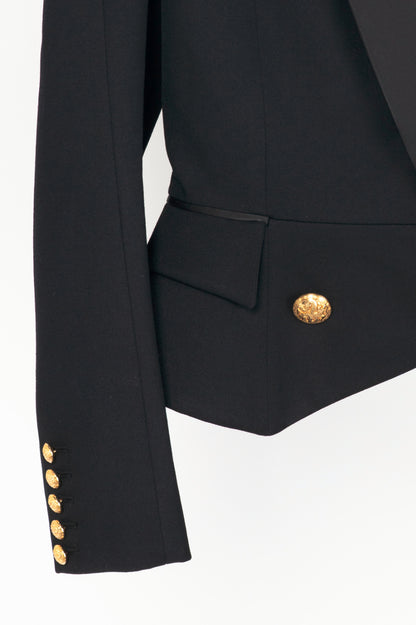 Balmain Black Wool-Twill Double-Breasted Cropped Peplum Blazer