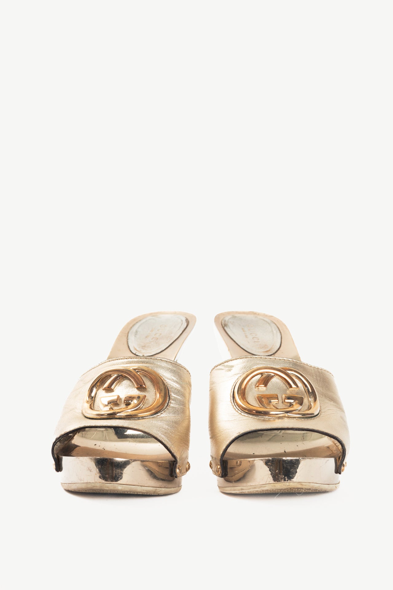 Gucci Metallic Gold Leather GG Mule Sandals
