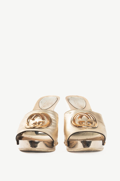 Gucci Metallic Gold Leather GG Mule Sandals