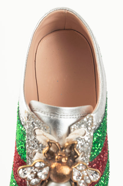 Gucci Falacer Argento Glitter Web-Stripe Bee Sneakers
