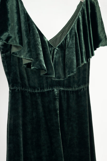 Valentino AW16 Runway Green Velvet Ruffle-Neck Midi Dress