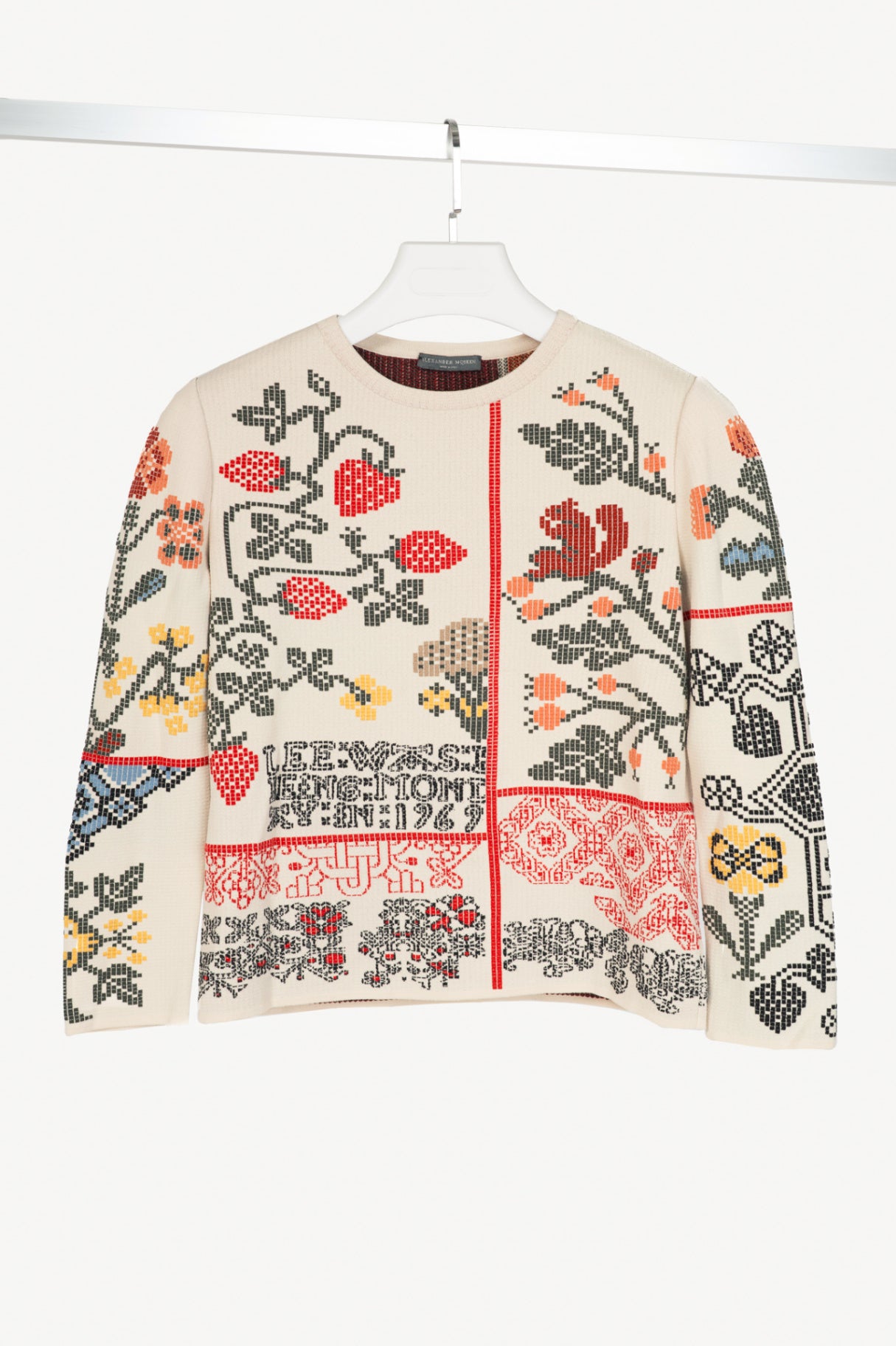 Alexander McQueen AW17 Cream Floral-Cross-Stitch Silk-Blend Sweater