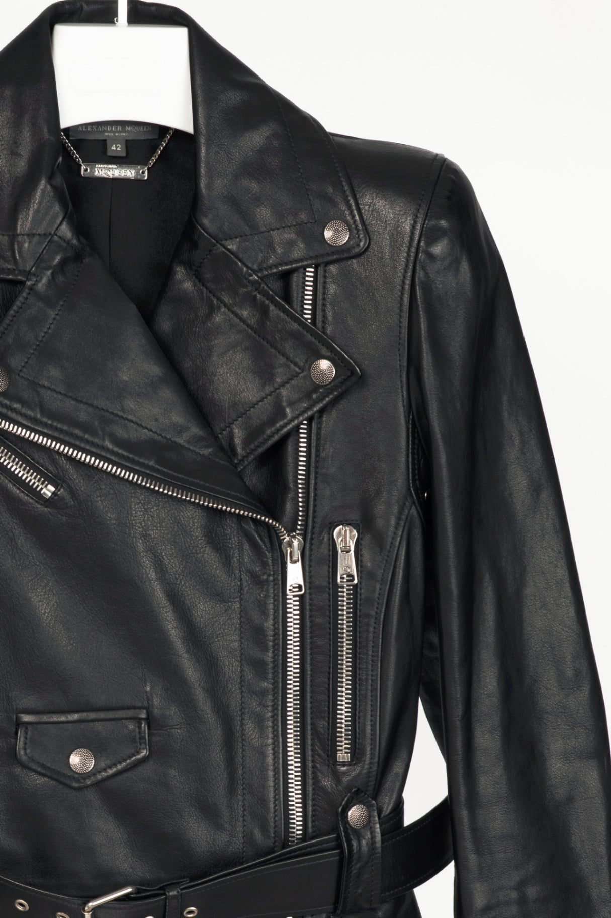 Alexander McQueen Black Leather Belted Peplum Moto Jacket