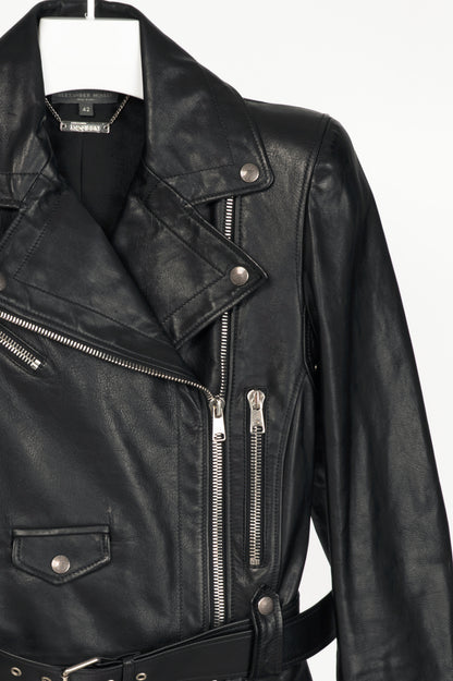 Alexander McQueen Black Leather Belted Peplum Moto Jacket