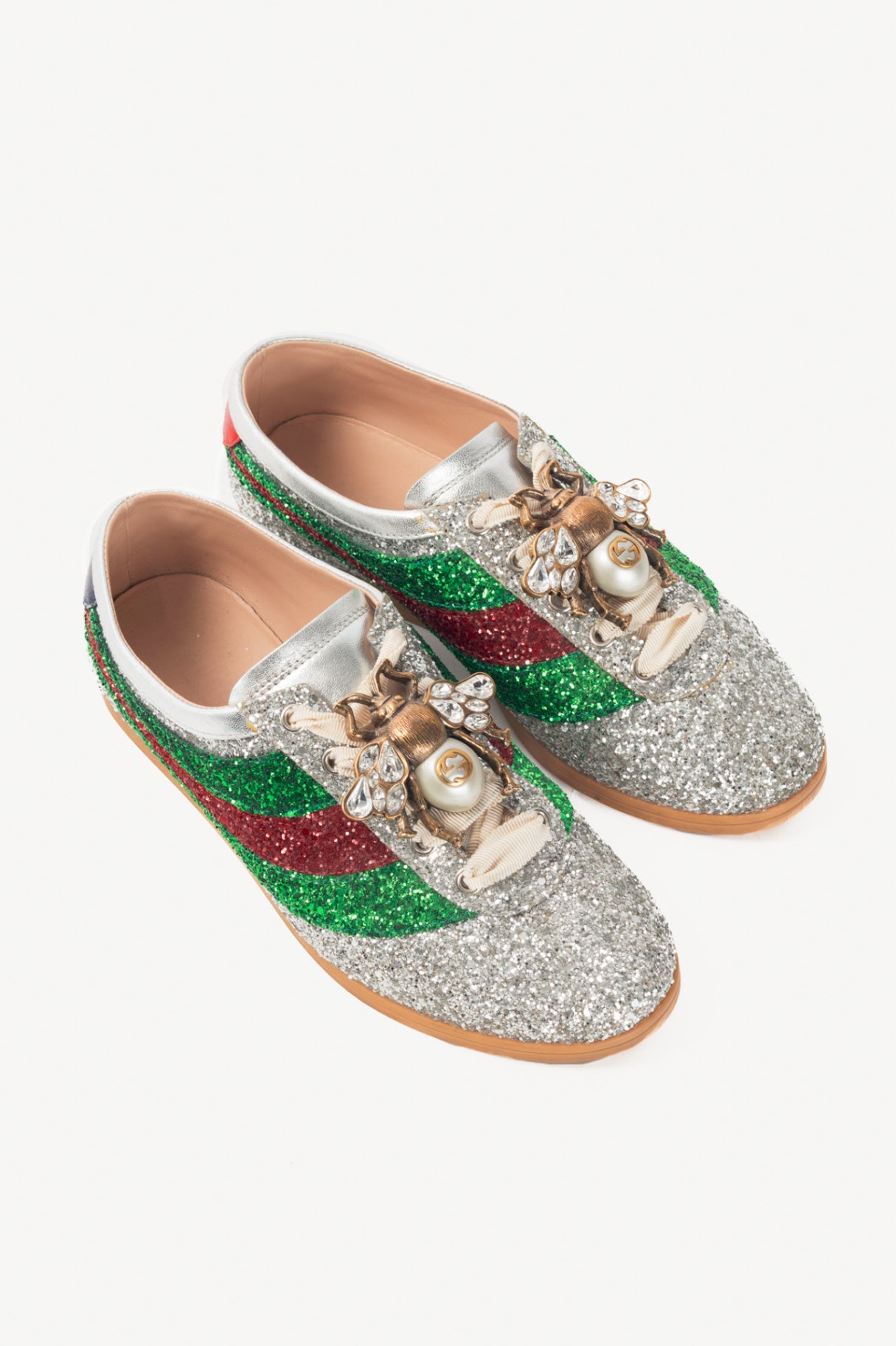 Gucci Falacer Argento Glitter Web-Stripe Bee Sneakers