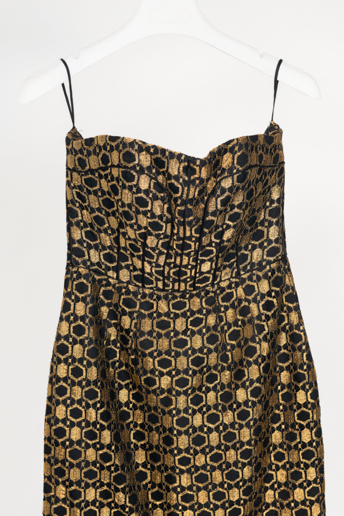Alexander McQueen SS13 Black & Gold Metallic-Lace Strapless Dress