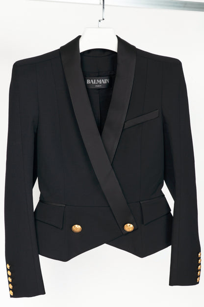 Balmain Black Wool-Twill Double-Breasted Cropped Peplum Blazer