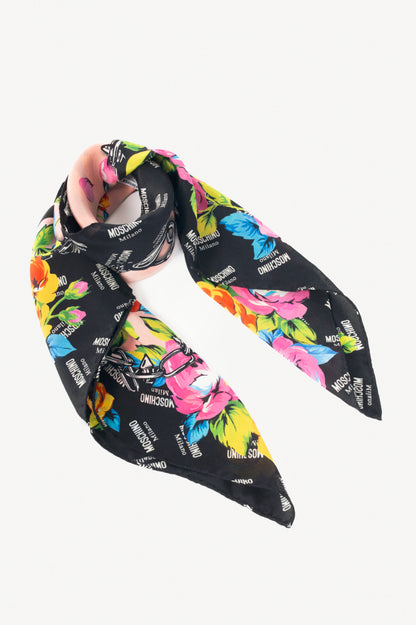 Moschino Pink & Black Silk Logo Floral Square Scarf