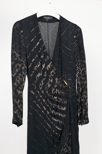 Salvatore Ferragamo Black Abstract-Print Silk-Crepe Surplice Dress