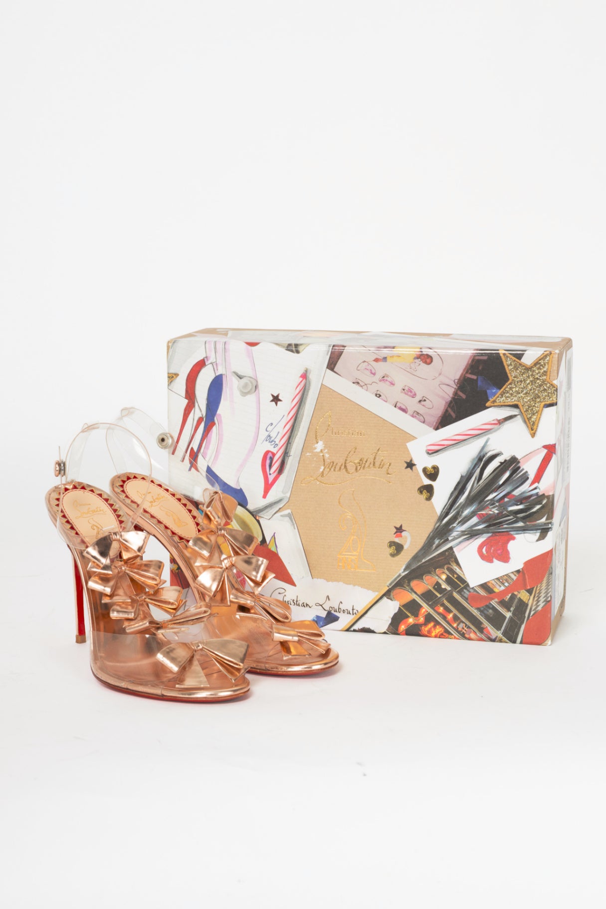Christian Louboutin 20 Ans Bow Bow 100 Nude Specchio Calf & PVC Sandals
