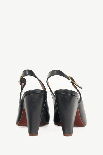 Chie Mihara Nocaso Black Leather Scalloped Slingback Heels