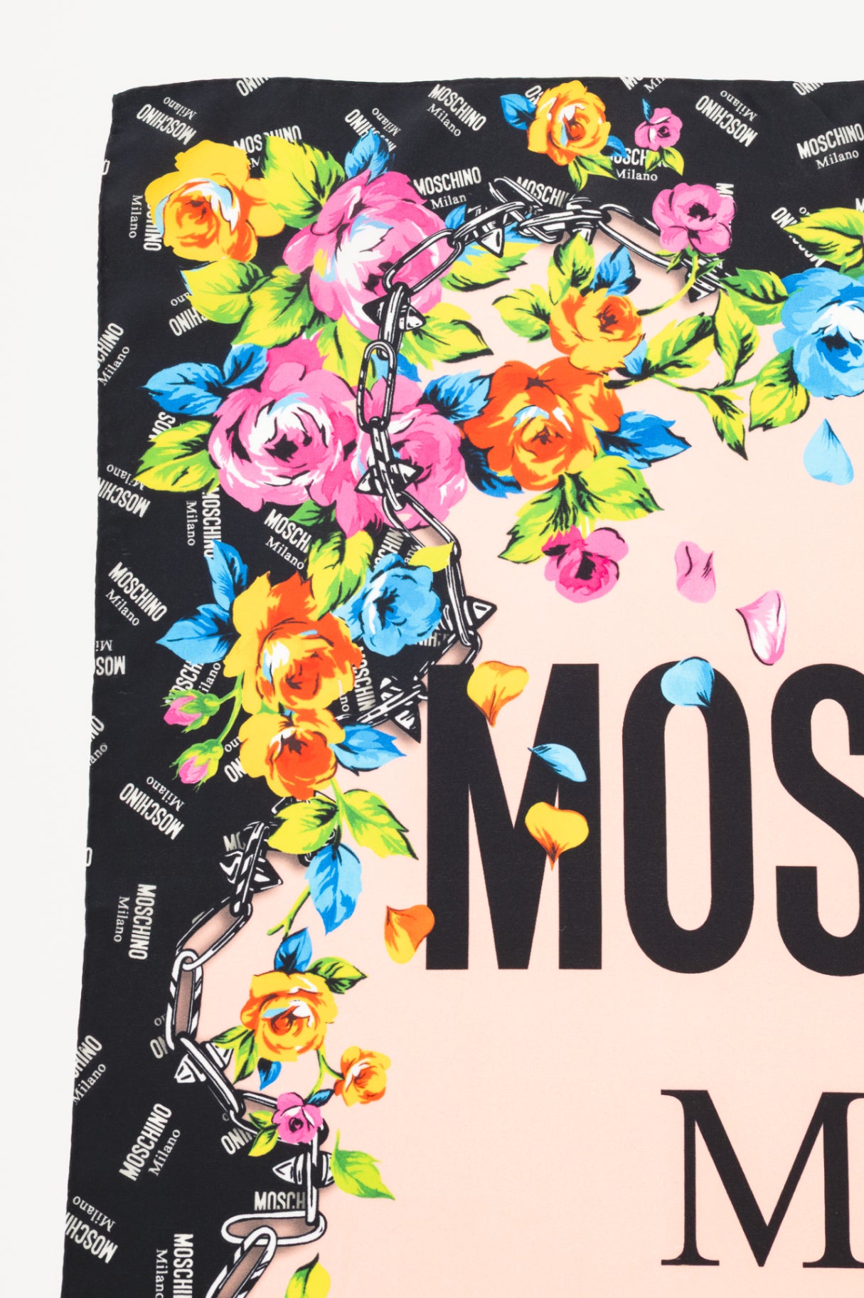 Moschino Pink & Black Silk Logo Floral Square Scarf