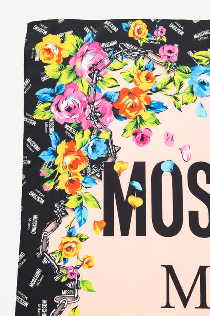 Moschino Pink & Black Silk Logo Floral Square Scarf