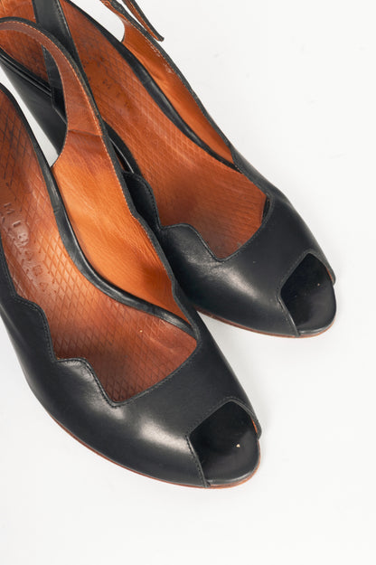 Chie Mihara Nocaso Black Leather Scalloped Slingback Heels