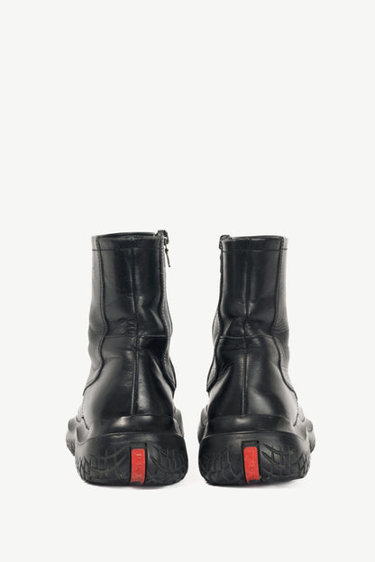 Prada Sport Black Leather Square-Toe Ankle Boots