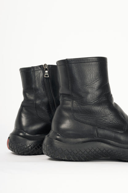 Prada Sport Black Leather Square-Toe Ankle Boots