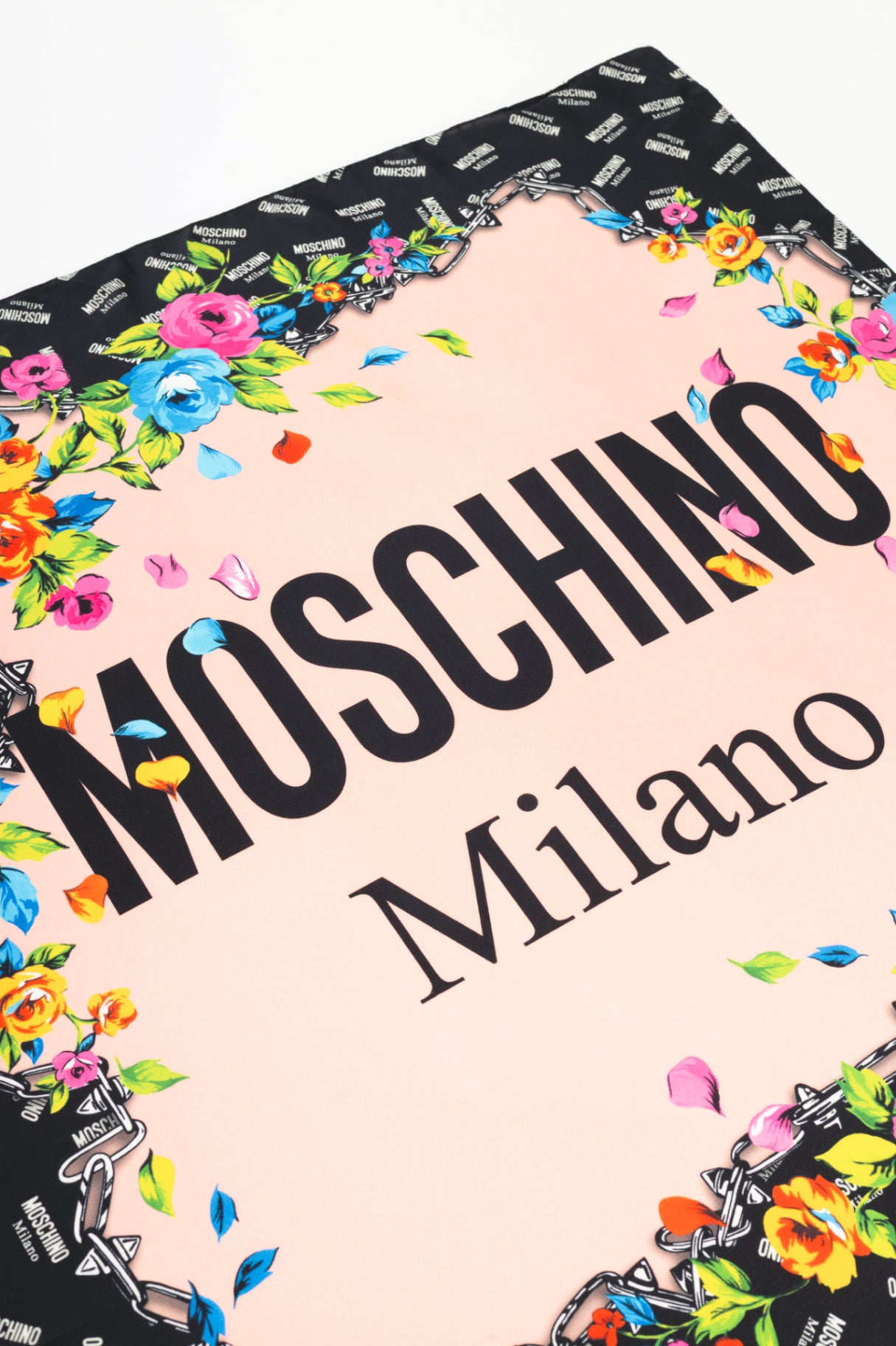 Moschino Pink & Black Silk Logo Floral Square Scarf