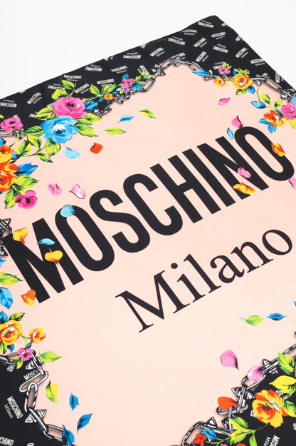 Moschino Pink & Black Silk Logo Floral Square Scarf
