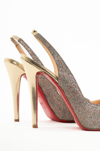 Christian Louboutin No Prive 100 "Mini & Specchio" Glitter Peep-Toe Slingback Pumps