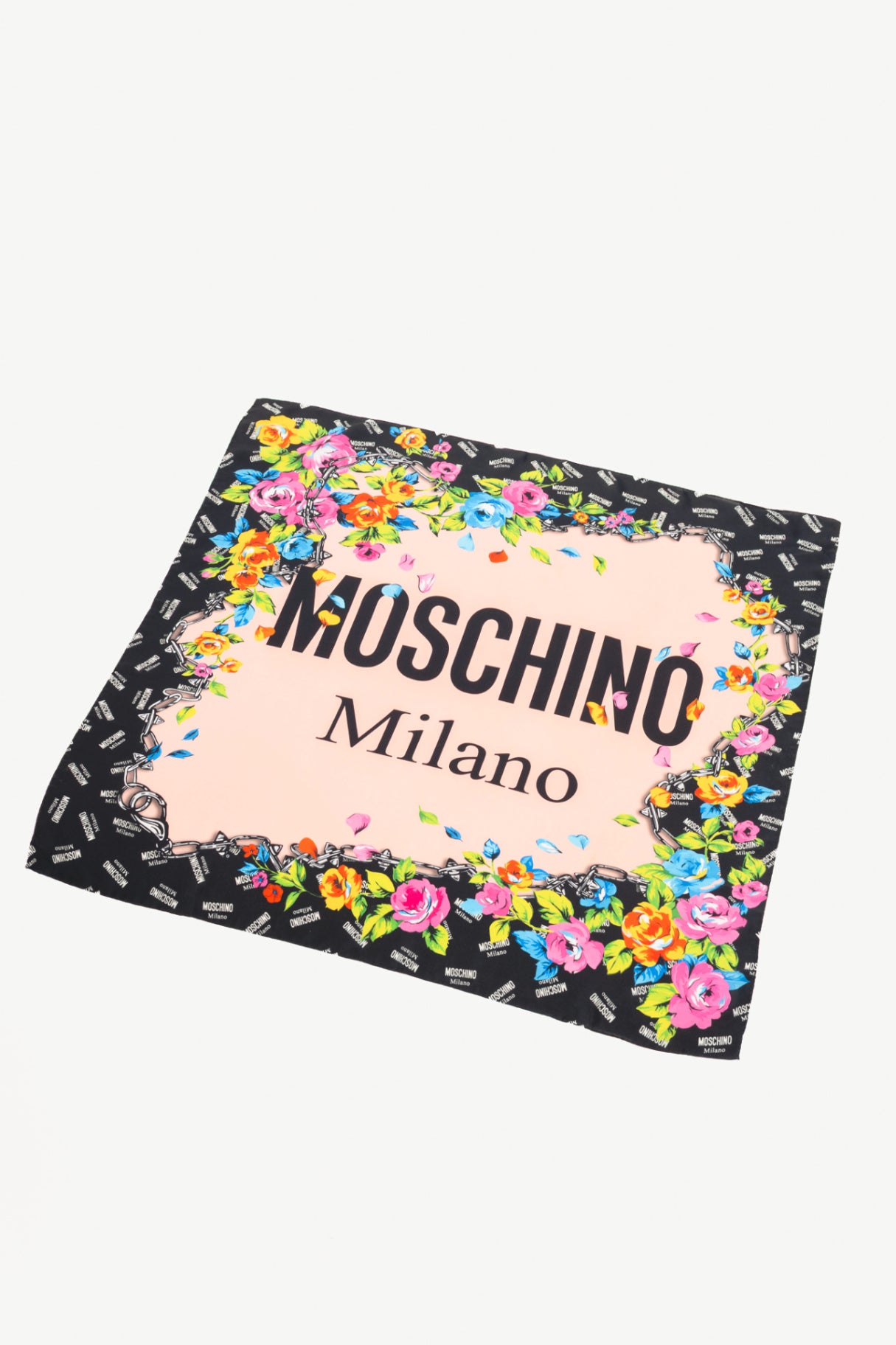 Moschino Pink & Black Silk Logo Floral Square Scarf