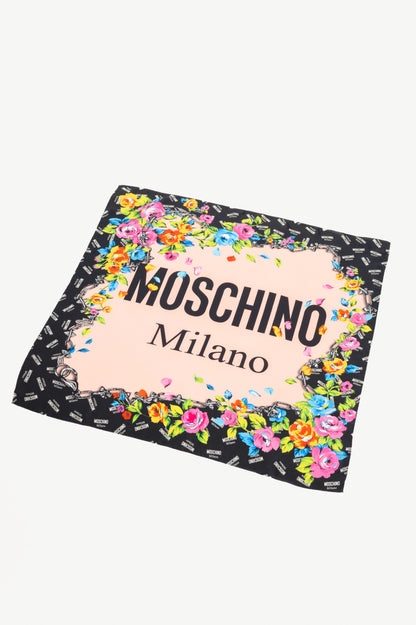 Moschino Pink & Black Silk Logo Floral Square Scarf
