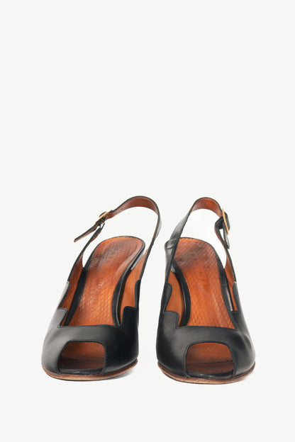Chie Mihara Nocaso Black Leather Scalloped Slingback Heels