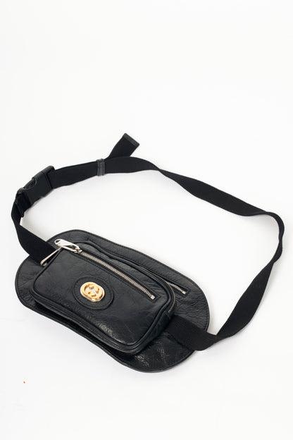 Gucci Black Leather Flat GG Belt Bag