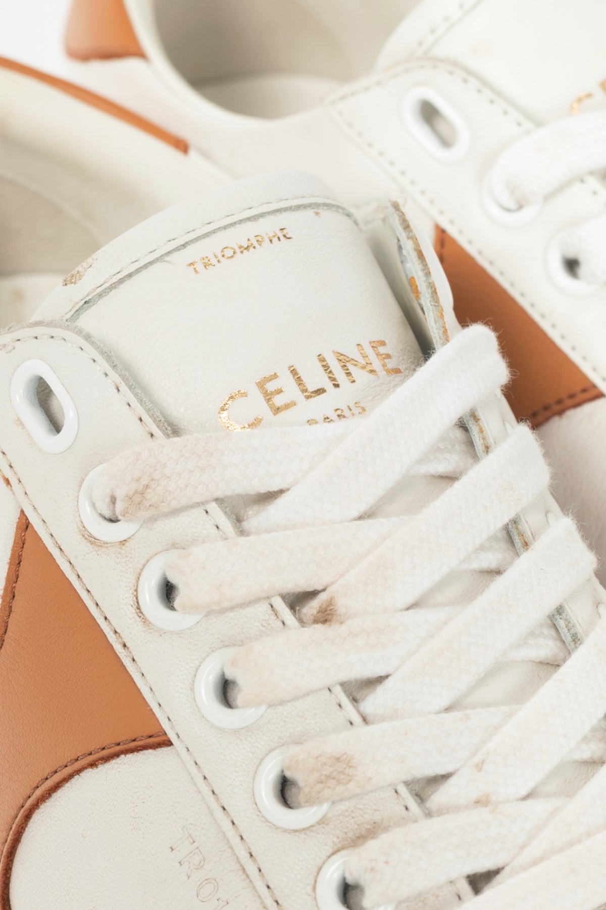 Celine Triomphe "Off-White & Beige" Calfskin Low Lace-Up Sneakers