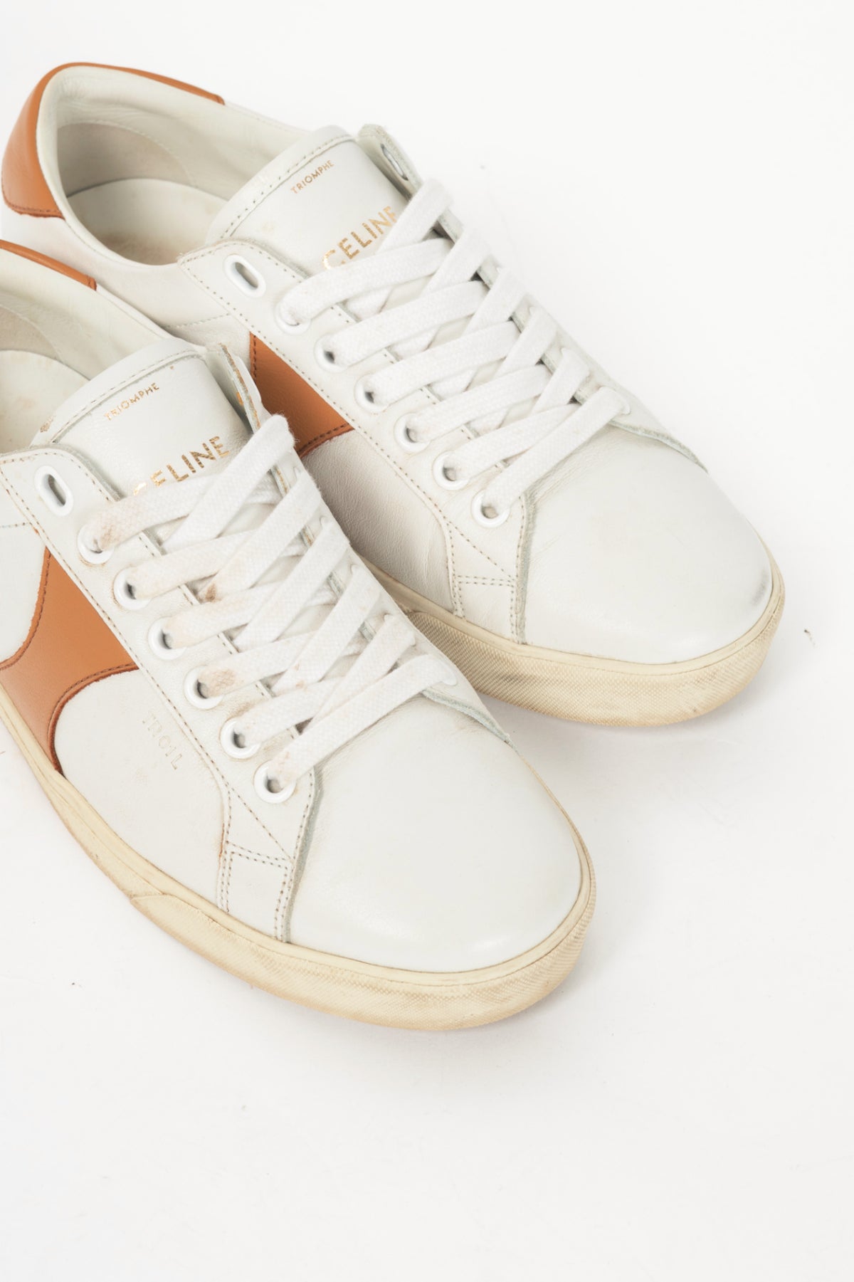 Celine Triomphe "Off-White & Beige" Calfskin Low Lace-Up Sneakers
