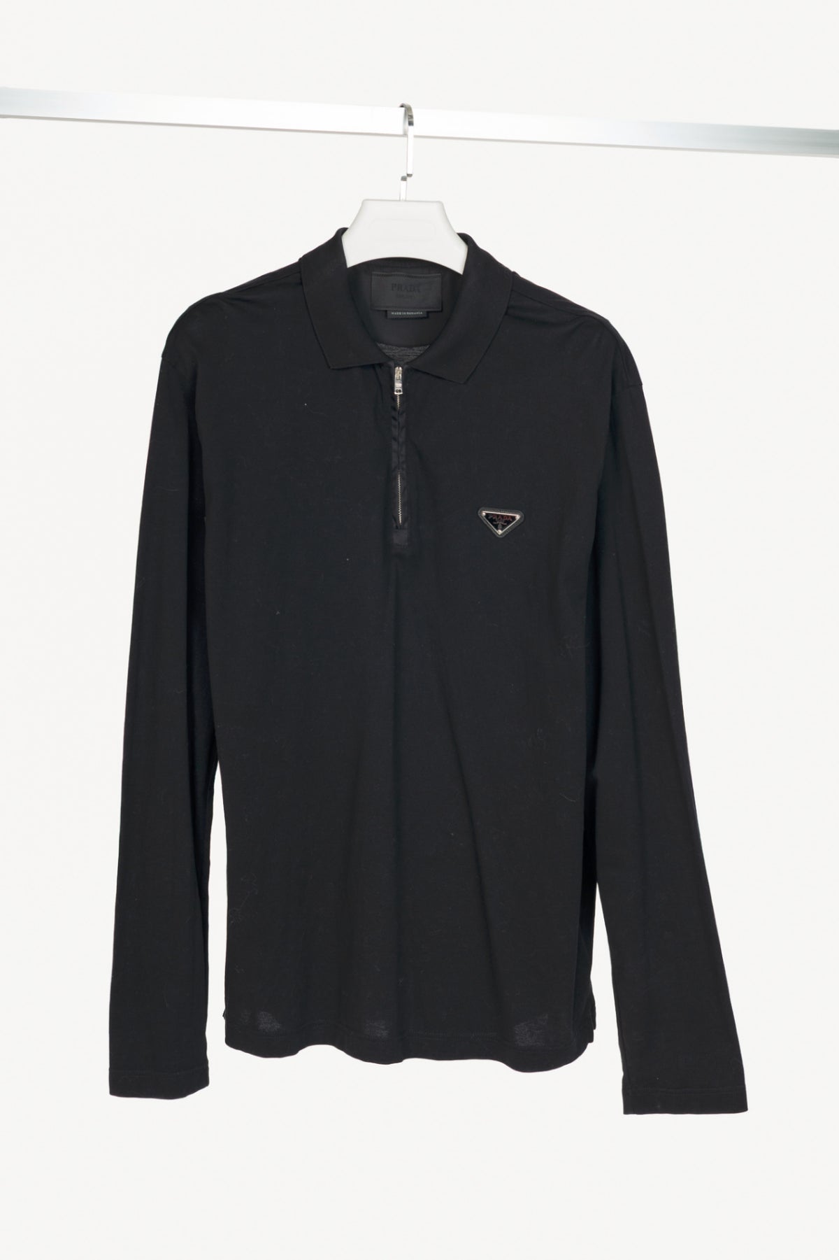 Prada Black Piqué & Re-Nylon Long-Sleeved Polo Shirt