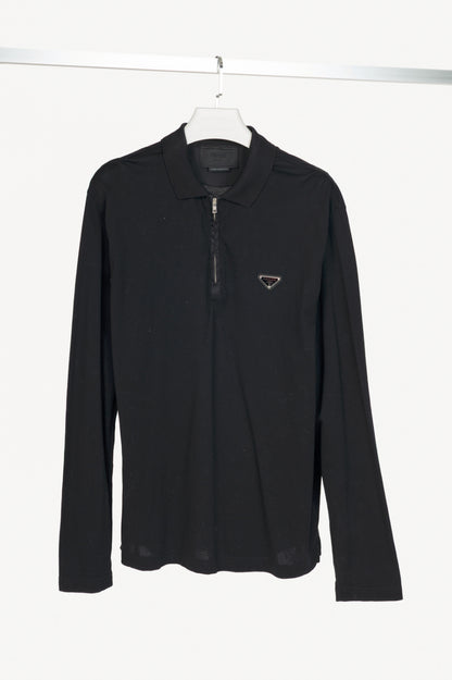 Prada Black Piqué & Re-Nylon Long-Sleeved Polo Shirt