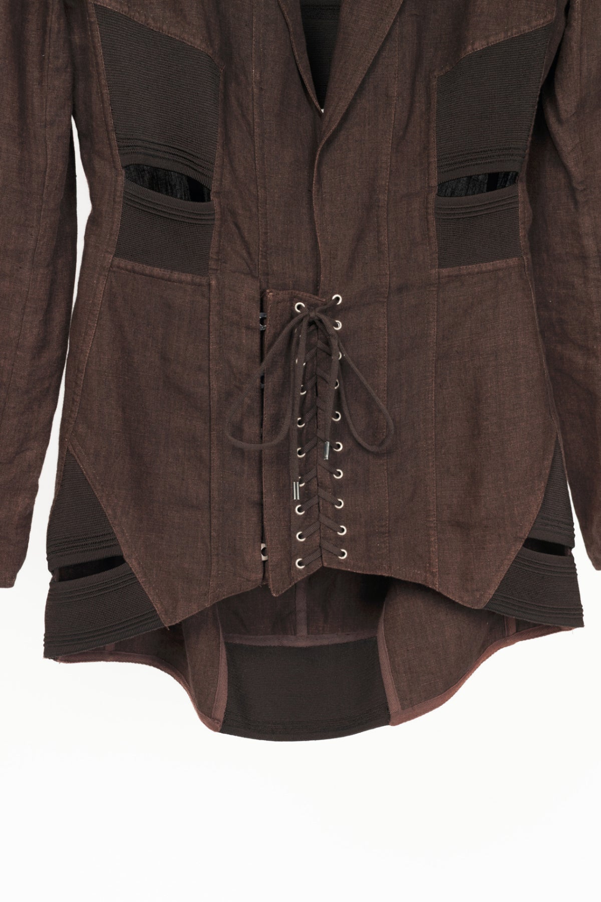 Jean Paul Gaultier Femme SS04 Runway Brown Linen Cutout Lace-Up Blazer