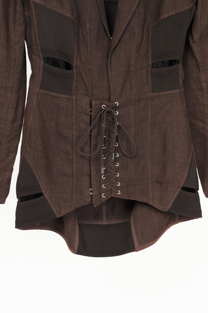 Jean Paul Gaultier Femme SS04 Runway Brown Linen Cutout Lace-Up Blazer