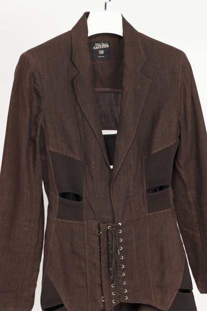 Jean Paul Gaultier Femme SS04 Runway Brown Linen Cutout Lace-Up Blazer