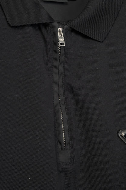 Prada Black Piqué & Re-Nylon Long-Sleeved Polo Shirt