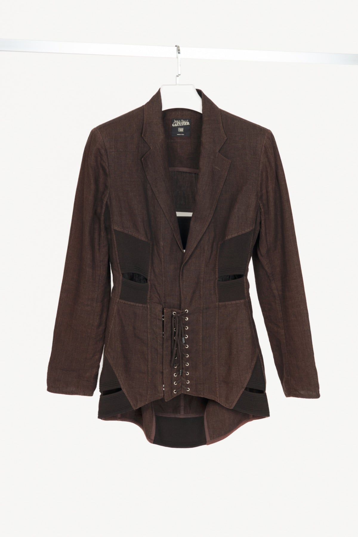 Jean Paul Gaultier Femme SS04 Runway Brown Linen Cutout Lace-Up Blazer