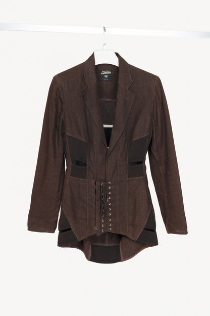 Jean Paul Gaultier Femme SS04 Runway Brown Linen Cutout Lace-Up Blazer