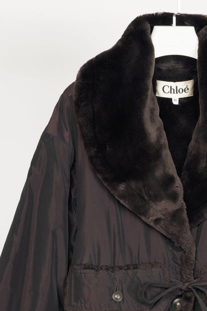 Chloe Brown Taffeta Faux-Shearling Coat
