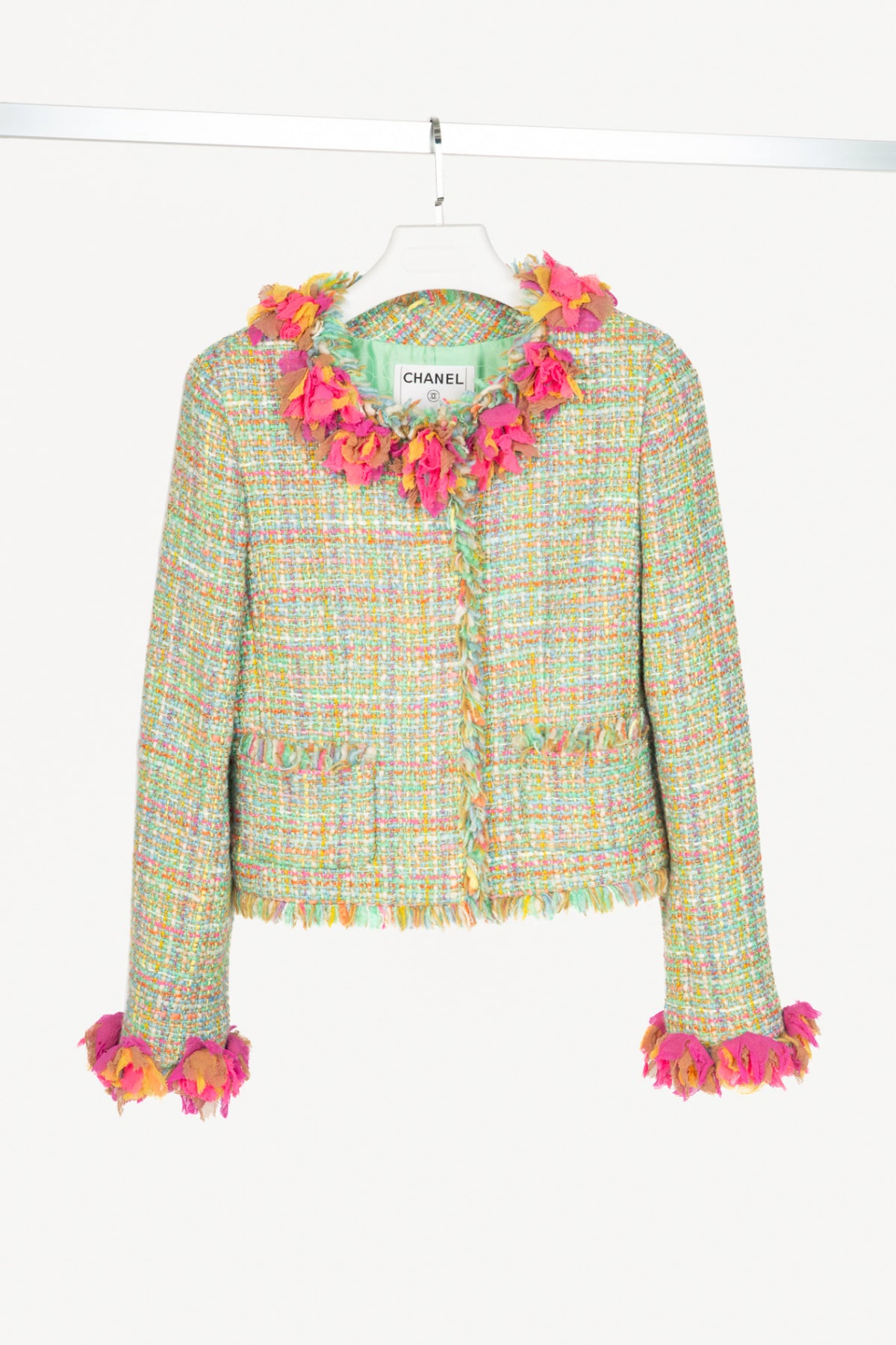 Chanel 01A Mint-Green Wool-Tweed Rosette-Trim Jacket