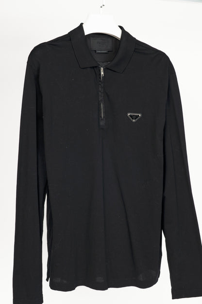 Prada Black Piqué & Re-Nylon Long-Sleeved Polo Shirt