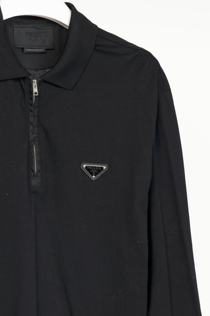 Prada Black Piqué & Re-Nylon Long-Sleeved Polo Shirt