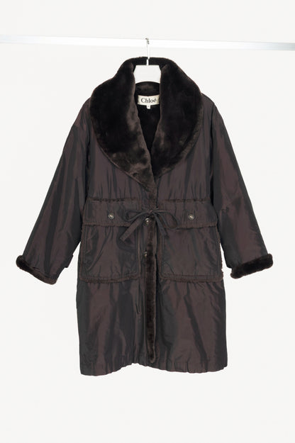 Chloe Brown Taffeta Faux-Shearling Coat