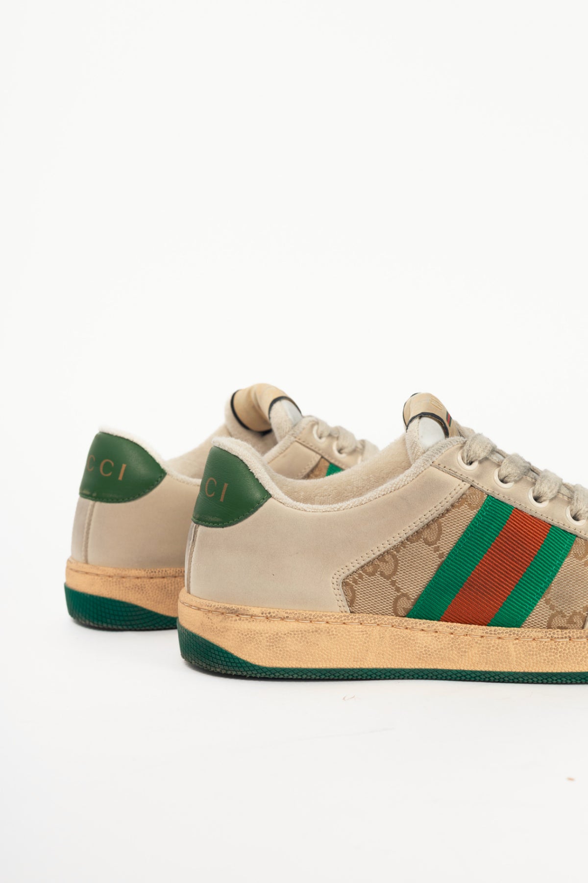 Gucci Screener "Distressed Green Orange" GG-Canvas Web Sneakers