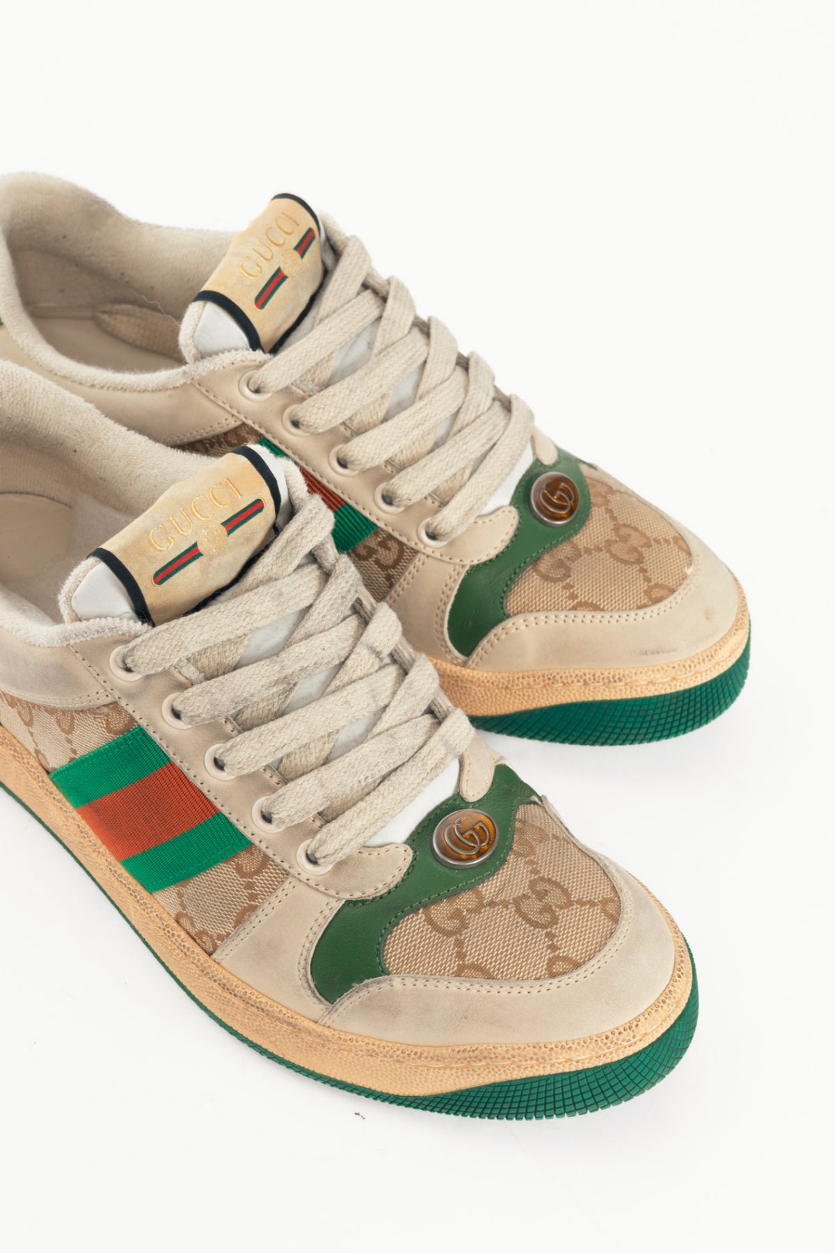Gucci Screener "Distressed Green Orange" GG-Canvas Web Sneakers
