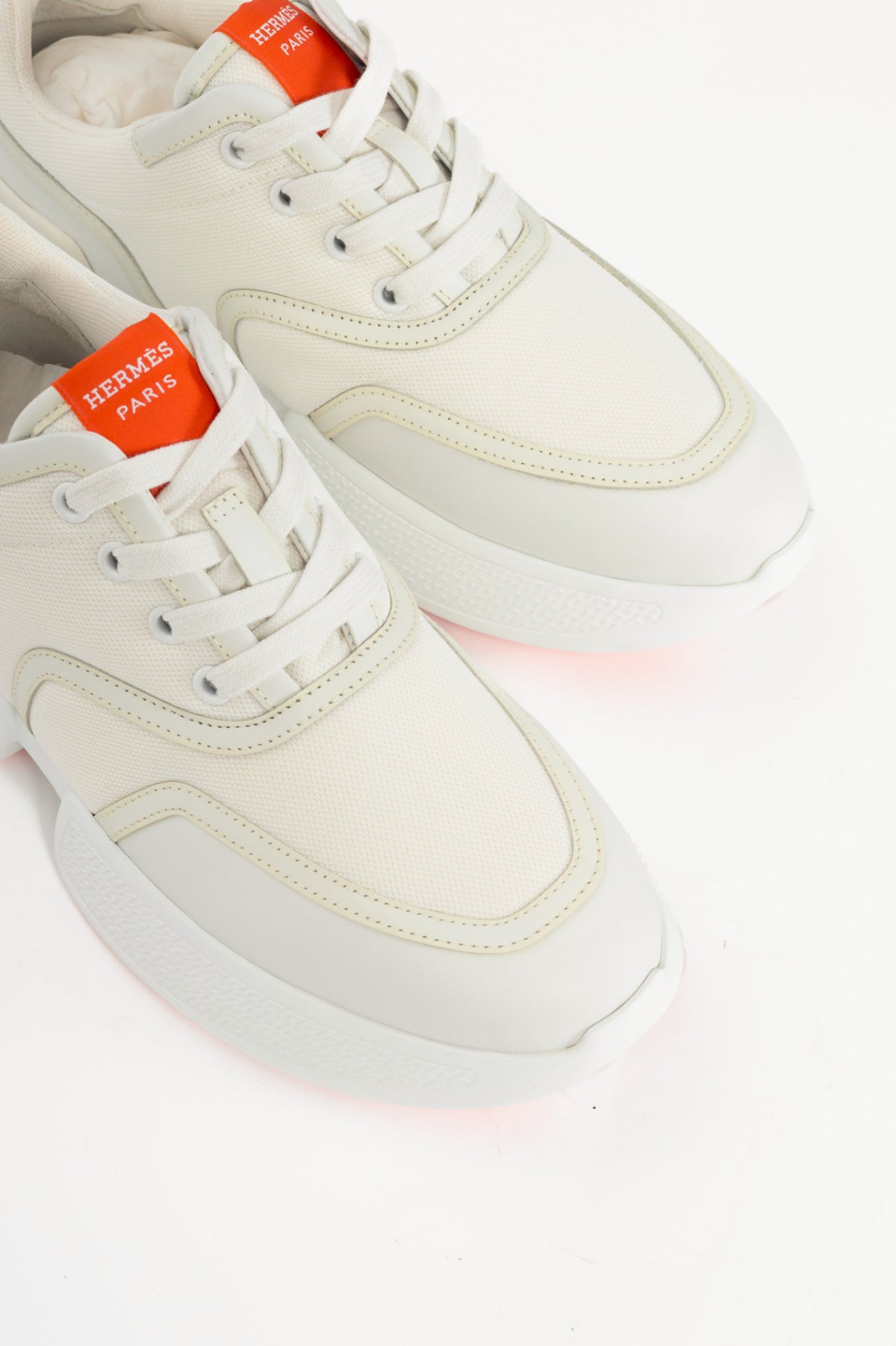 Hermes Giga Blanc Mesh Pique & Calfskin Lace-Up Sneakers