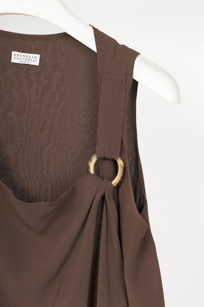 Brunello Cucinelli Brown Silk Crepe Horn-Ring Mini Dress