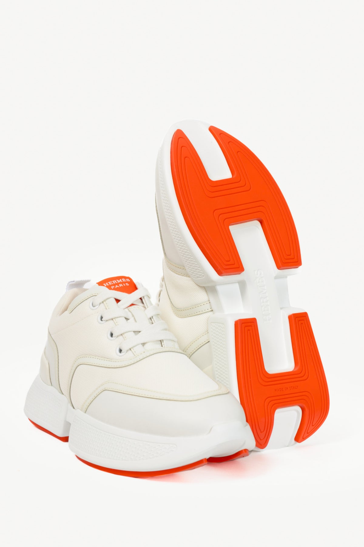 Hermes Giga Blanc Mesh Pique & Calfskin Lace-Up Sneakers