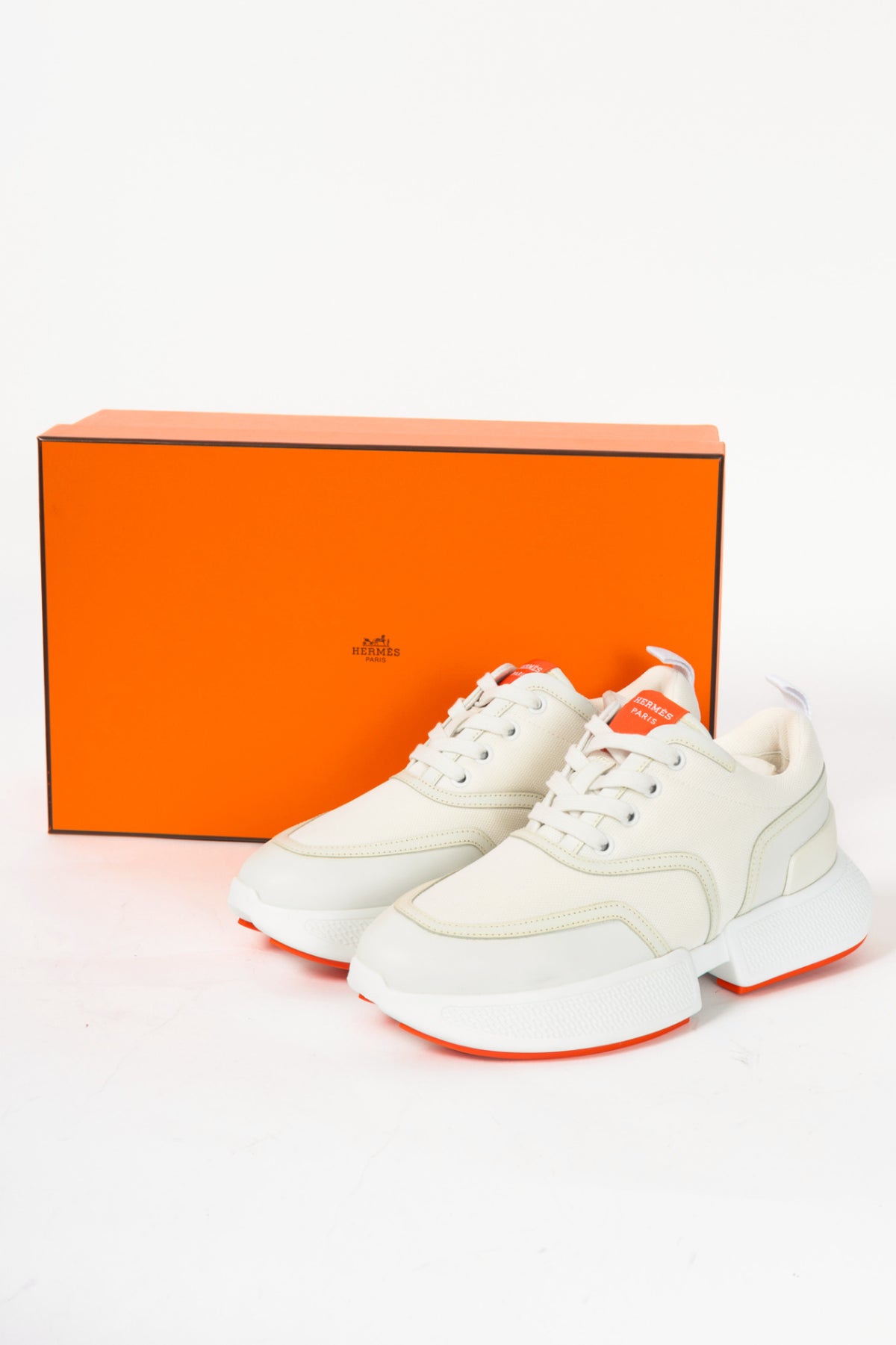 Hermes Giga Blanc Mesh Pique & Calfskin Lace-Up Sneakers